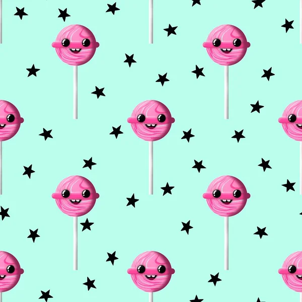 Kids cartoon seamless lollipop candy pattern for fabrics and packaging and gifts and linens and wrapping paper — Stock Photo, Image