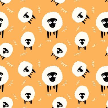 Hayvanlar, duvar kağıdı, ambalaj, hediye kartları, çarşaflar ve çocuklar için kusursuz koyun desenleri.