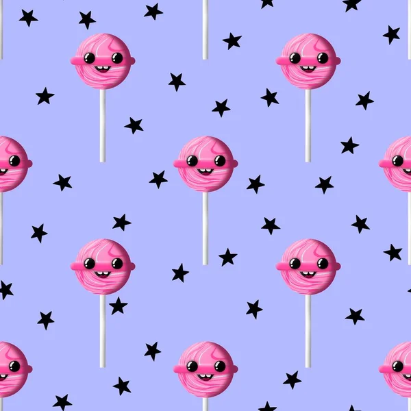 Kids cartoon seamless lollipop candy pattern for fabrics and packaging and gifts and linens and wrapping paper — ストック写真