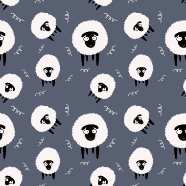 Hayvanlar, duvar kağıdı, ambalaj, hediye kartları, çarşaflar ve çocuklar için kusursuz koyun desenleri.