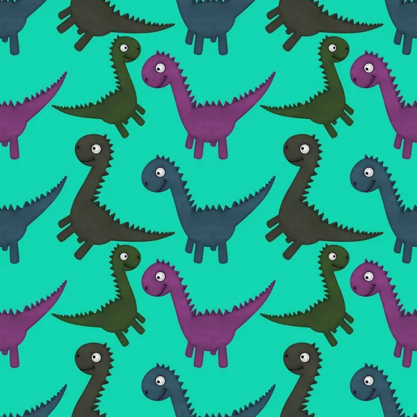 Padrão de dinossauro de desenhos animados sem costura crianças para tecidos e embalagens e lençóis e papel de embrulho e impressão de verão — Fotografia de Stock