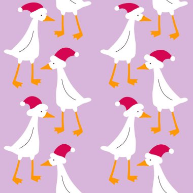 Yeni yıl hediyeleri, kumaşlar, tekstil ve ambalajlar için kusursuz Noel ördekleri ve şapka deseni 