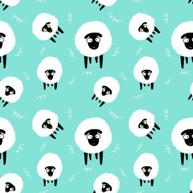 Hayvanlar, duvar kağıdı, ambalaj, hediye kartları, çarşaflar ve çocuklar için kusursuz koyun desenleri.