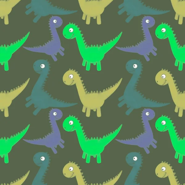 Padrão de dinossauro de desenhos animados sem costura crianças para tecidos e embalagens e lençóis e papel de embrulho e impressão de verão — Fotografia de Stock