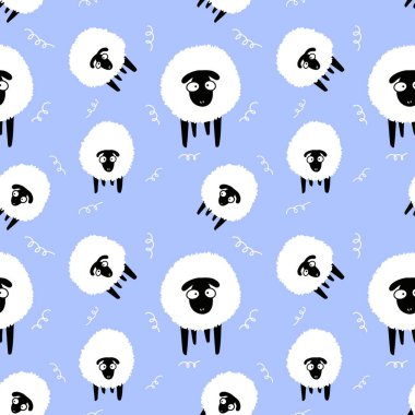 Hayvanlar, duvar kağıdı, ambalaj, hediye kartları, çarşaflar ve çocuklar için kusursuz koyun desenleri.