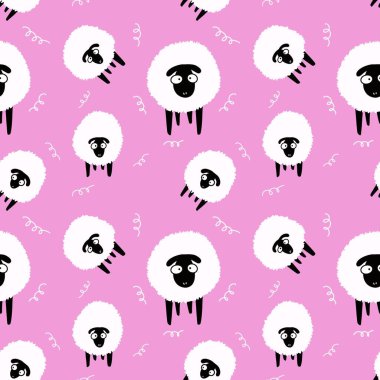 Hayvanlar, duvar kağıdı, ambalaj, hediye kartları, çarşaflar ve çocuklar için kusursuz koyun desenleri.