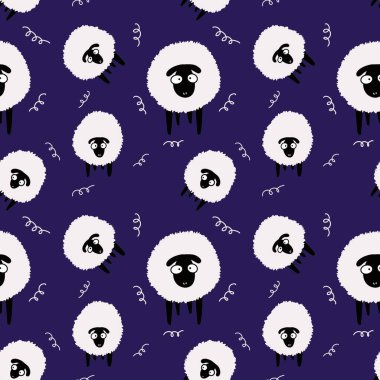 Hayvanlar, duvar kağıdı, ambalaj, hediye kartları, çarşaflar ve çocuklar için kusursuz koyun desenleri.