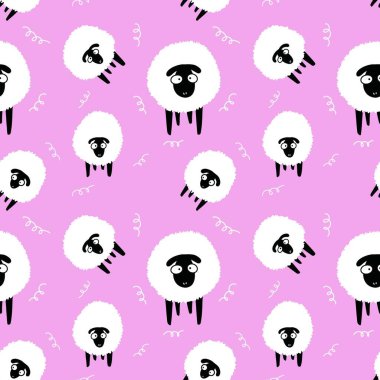 Hayvanlar, duvar kağıdı, ambalaj, hediye kartları, çarşaflar ve çocuklar için kusursuz koyun desenleri.