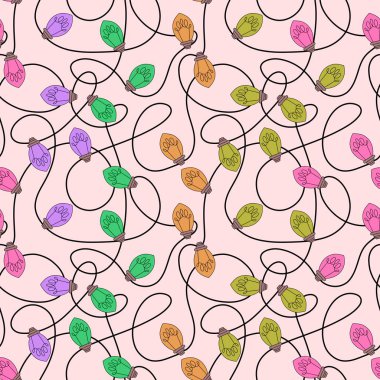 Kumaşlar, ambalajlar, hediyeler, çarşaflar, çocuklar ve ambalaj kağıtları için kusursuz yeni yıl ışıkları deseni.