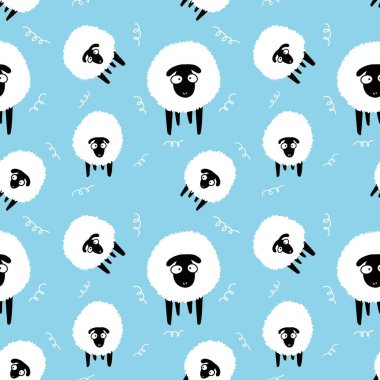 Hayvanlar, duvar kağıdı, ambalaj, hediye kartları, çarşaflar ve çocuklar için kusursuz koyun desenleri.