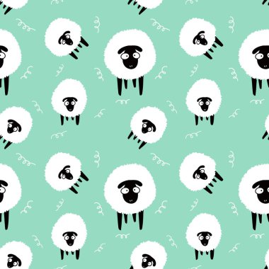 Hayvanlar, duvar kağıdı, ambalaj, hediye kartları, çarşaflar ve çocuklar için kusursuz koyun desenleri.