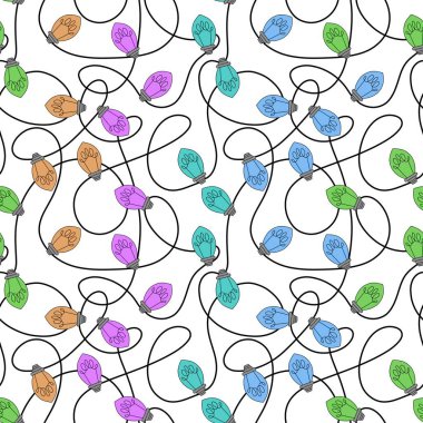 Kumaşlar, ambalajlar, hediyeler, çarşaflar, çocuklar ve ambalaj kağıtları için kusursuz yeni yıl ışıkları deseni.