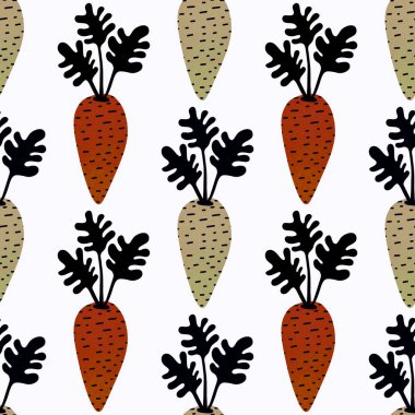 Duvar kağıtları, kumaşlar, tekstil ve ambalajlar, hediyeler, kartlar, çarşaflar ve çocuklar için sebzesiz havuç deseni. Yüksek kalite fotoğraf