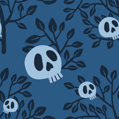 Cadılar Bayramı 'nda kumaşlar, tekstil ve çocuklar ve ambalajlar, posterler ve ambalajlar için kusursuz kafatası ve ağaç desenleri. Yüksek kalite fotoğraf