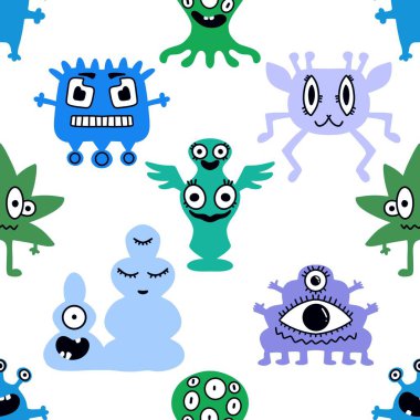 Çizgi filmlerde kusursuz uzaylılar ve canavarlar çocuklar için desenli hediyeler, kartlar, çarşaflar, ambalaj kağıtları ve kumaşlar. Yüksek kalite fotoğraf