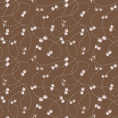 Hayvanların ayak izleri, kumaşlar, tekstil, ambalajlar, çarşaflar, hediyeler, kartlar, ambalaj kağıtları ve çocuklar için kusursuz dinozor deseni. Yüksek kalite fotoğraf