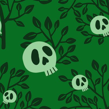 Cadılar Bayramı 'nda kumaşlar, tekstil ve çocuklar ve ambalajlar, posterler ve ambalajlar için kusursuz kafatası ve ağaç desenleri. Yüksek kalite fotoğraf