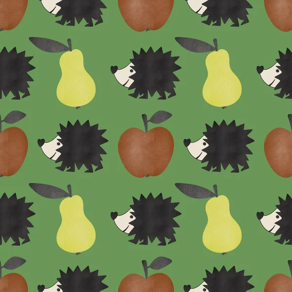 Autumn seamless hedgehog and pears and apples pattern for fabrics and textiles and packaging and gifts and cards and linens and kids. High quality photo