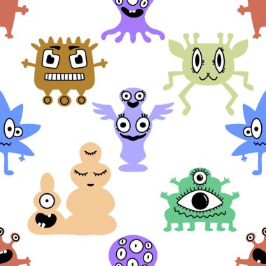 Çizgi filmlerde kusursuz uzaylılar ve canavarlar çocuklar için desenli hediyeler, kartlar, çarşaflar, ambalaj kağıtları ve kumaşlar. Yüksek kalite fotoğraf