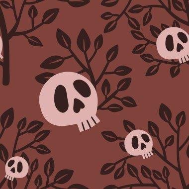 Cadılar Bayramı 'nda kumaşlar, tekstil ve çocuklar ve ambalajlar, posterler ve ambalajlar için kusursuz kafatası ve ağaç desenleri. Yüksek kalite fotoğraf