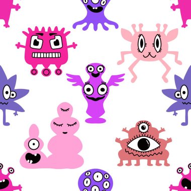 Çizgi filmlerde kusursuz uzaylılar ve canavarlar çocuklar için desenli hediyeler, kartlar, çarşaflar, ambalaj kağıtları ve kumaşlar. Yüksek kalite fotoğraf