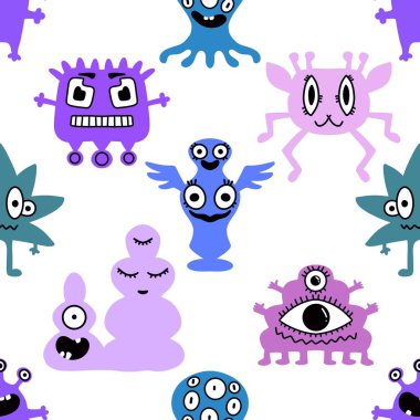 Çizgi filmlerde kusursuz uzaylılar ve canavarlar çocuklar için desenli hediyeler, kartlar, çarşaflar, ambalaj kağıtları ve kumaşlar. Yüksek kalite fotoğraf