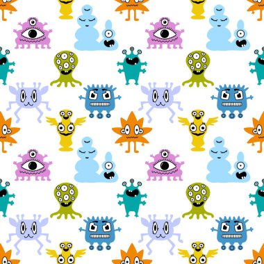 Çizgi filmlerde kusursuz uzaylılar ve canavarlar çocuklar için desenli hediyeler, kartlar, çarşaflar, ambalaj kağıtları ve kumaşlar. Yüksek kalite fotoğraf