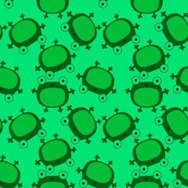 Çocuklar, anaokulu, kumaşlar ve ambalaj kağıtları için çizgi filmsiz kawaii kurbağaları deseni. Yüksek kalite fotoğraf