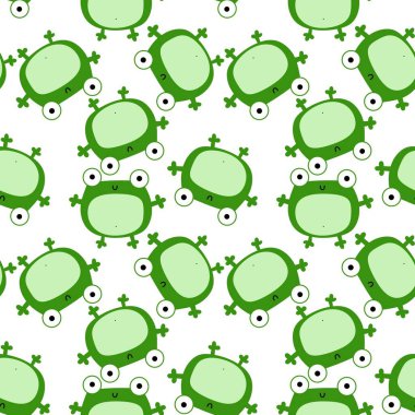 Çocuklar, anaokulu, kumaşlar ve ambalaj kağıtları için çizgi filmsiz kawaii kurbağaları deseni. Yüksek kalite fotoğraf