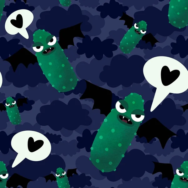 Halloween seamless green cucumber vampire pattern for wrapping paper and kids and cards and fabrics and packaging. High quality photo