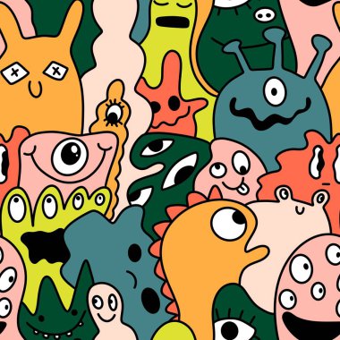 Cadılar Bayramı ve duvar kağıtları, kumaşlar, tekstil, ambalaj ve hediyeler için sevimli canavarların olduğu çizgi film desenleri.