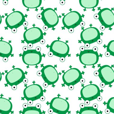 Çocuklar, anaokulu, kumaşlar ve ambalaj kağıtları için çizgi filmsiz kawaii kurbağaları deseni. Yüksek kalite fotoğraf