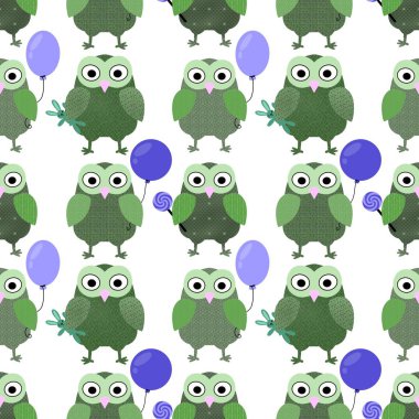 Çocuklar, kumaşlar, ambalaj kağıtları, defterler ve hobiler için çizgi filmlerde kusursuz baykuş desenleri. Yüksek kalite fotoğraf