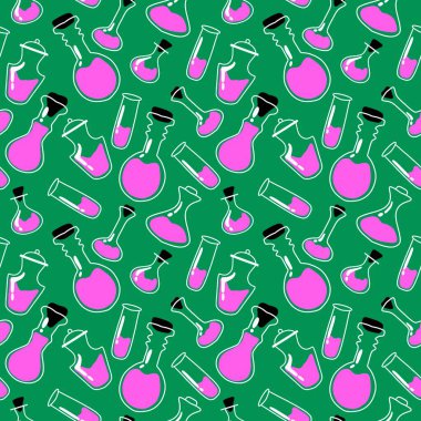 Kumaşlar, tekstil ürünleri, ambalaj kağıtları Cadılar Bayramı hediyeleri, giysiler ve çocuklar için kusursuz cadı iksiri deseni. Yüksek kalite fotoğraf