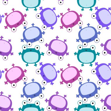 Çocuklar, anaokulu, kumaşlar ve ambalaj kağıtları için çizgi filmsiz kawaii kurbağaları deseni. Yüksek kalite fotoğraf