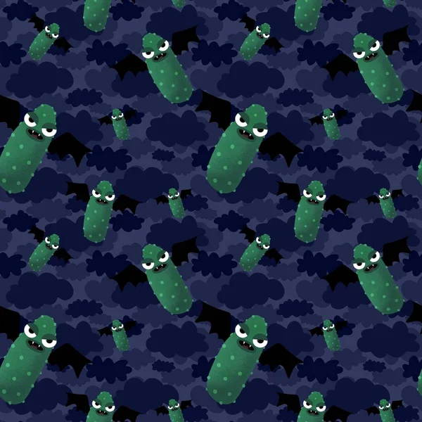 Halloween Seamless Green Cucumber Vampire Pattern Wrapping Paper Kids Cards — Stock Photo, Image