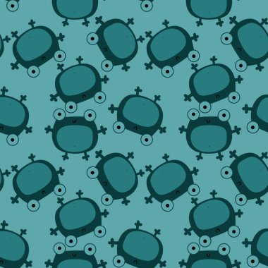 Çocuklar, anaokulu, kumaşlar ve ambalaj kağıtları için çizgi filmsiz kawaii kurbağaları deseni. Yüksek kalite fotoğraf