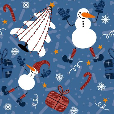 Kışın dikişsiz kardan adam, kar taneleri ve Noel ağacı desenli ambalaj kağıtları, kumaşlar, defterler ve çocuklar. Yüksek kalite fotoğraf