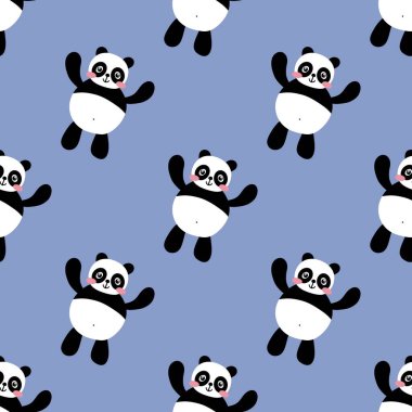 Çocuklar, kumaşlar, tekstil ürünleri, ambalajlar, ambalaj kağıtları ve anaokulu için çizgi filmsiz kawaii panda deseni. Yüksek kalite fotoğraf