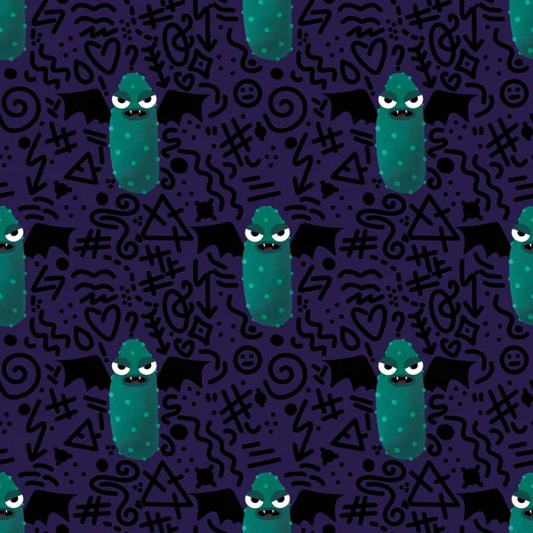 Halloween seamless green cucumber vampire pattern for wrapping paper and kids and cards and fabrics and packaging. High quality photo