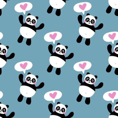 Çocuklar, kumaşlar, tekstil ürünleri, ambalajlar, ambalaj kağıtları ve anaokulu için çizgi filmsiz kawaii panda deseni. Yüksek kalite fotoğraf