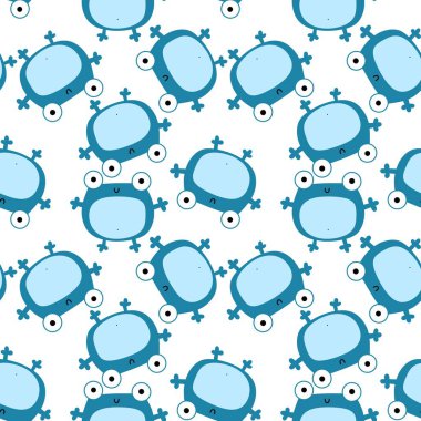 Çocuklar, anaokulu, kumaşlar ve ambalaj kağıtları için çizgi filmsiz kawaii kurbağaları deseni. Yüksek kalite fotoğraf