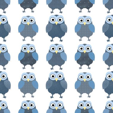 Çocuklar, kumaşlar, ambalaj kağıtları, defterler ve hobiler için çizgi filmlerde kusursuz baykuş desenleri. Yüksek kalite fotoğraf