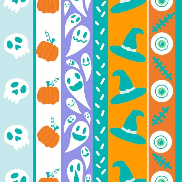 Cartoon seamless Halloween wrapping paper pattern with sculls and ghost and pumpkins and witch hat for packaging and fabrics and kids and notebooks. High quality photo