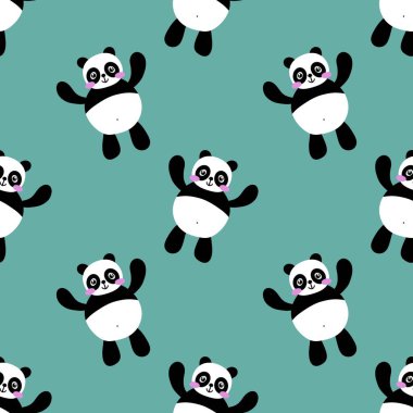 Çocuklar, kumaşlar, tekstil ürünleri, ambalajlar, ambalaj kağıtları ve anaokulu için çizgi filmsiz kawaii panda deseni. Yüksek kalite fotoğraf