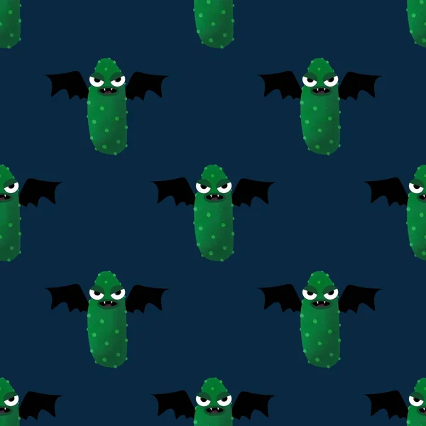 Halloween seamless green cucumber vampire pattern for wrapping paper and kids and cards and fabrics and packaging. High quality photo