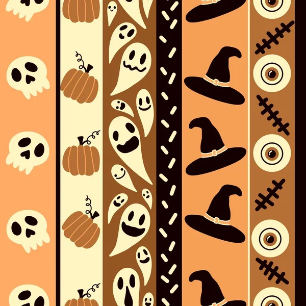 Cartoon seamless Halloween wrapping paper pattern with sculls and ghost and pumpkins and witch hat for packaging and fabrics and kids and notebooks. High quality photo