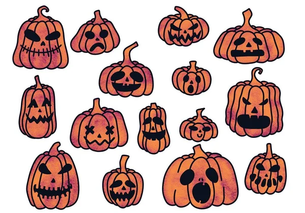 Állítsa Halloween Sütőtök Matricák Kártyák Gyerekek Csomagolópapír Csomagolás Kiváló Minőségű — Stock Fotó