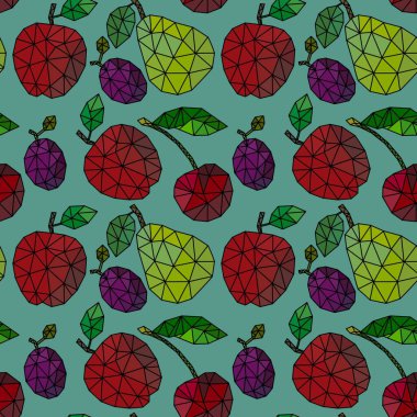 Yaz geometrik elmalar ve kirazlar ve armutlar ve erikler kumaşlar, tekstil ve ambalajlar ve çocuklar için desenler. Yüksek kalite fotoğraf