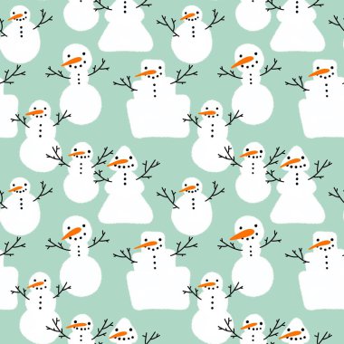 Noel ambalajı kağıdı, yeni yıl kumaşları, çocuklar ve defterler için kardan adam ve kar taneleriyle kışın kusursuz baskısı. Yüksek kalite fotoğraf